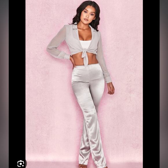 HOUSE OF CB Emiliana Silver Smokey Grey Silky Satin Trousers Tailored Pants - Picture 2 of 8